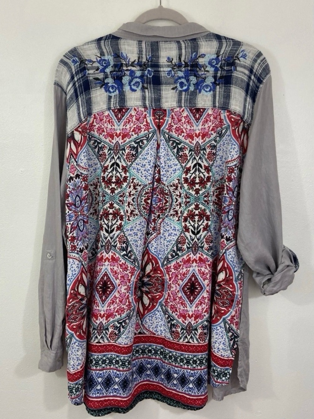 John Mark Patchwork Tunic Blouse XL Boho Embroidered Linen Floral Pockets - Picture 2 of 11